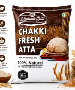 Kathait Gold 100% natural Chakki Fresh Atta 10 kg pack with soft puffed roti, golden wheat grains, and stone-ground flour in a bowl.