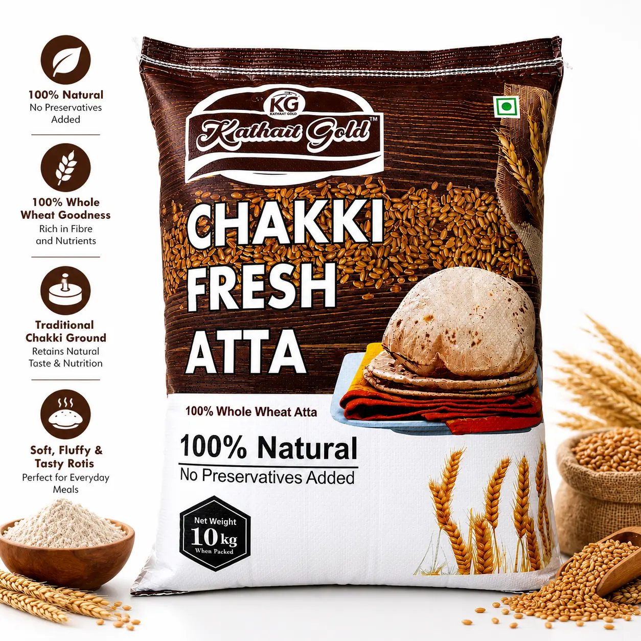 Kathait Gold 100% natural Chakki Fresh Atta 10 kg pack with soft puffed roti, golden wheat grains, and stone-ground flour in a bowl.