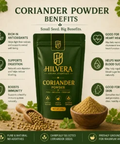 Hilvera Coriander Powder 100g pouch displayed with whole coriander seeds, ground dhaniya powder in a wooden bowl, and key health benefits like digestion support and antioxidant richness.