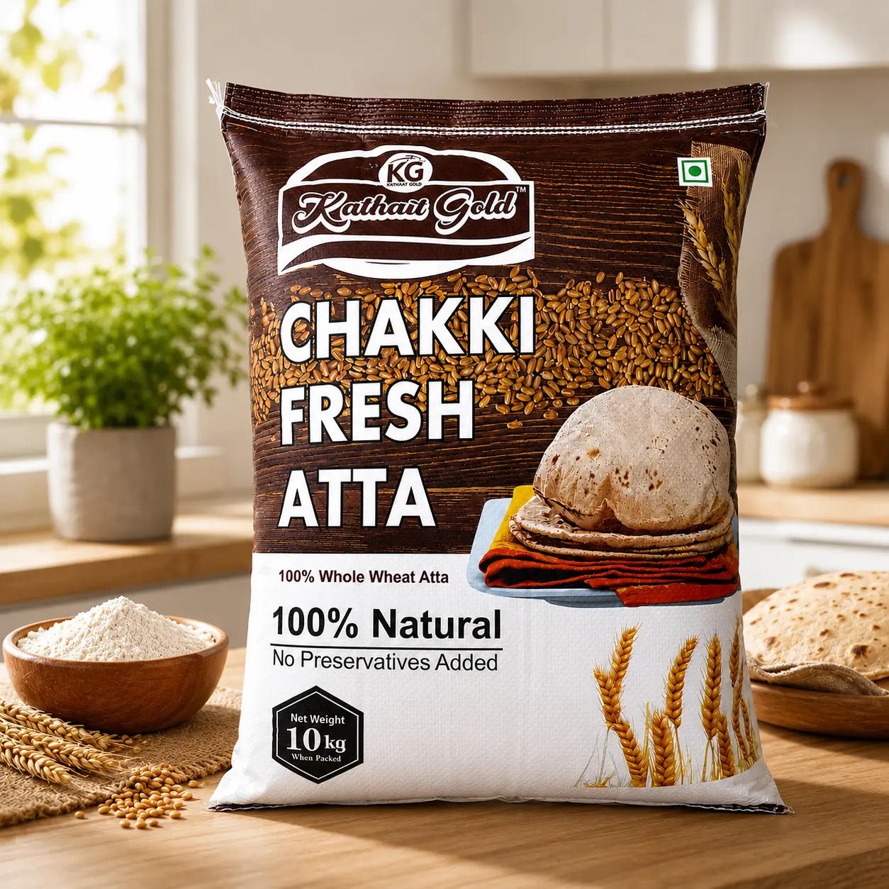 A 10 kg bag of Kathait Gold Chakki Fresh Atta displayed on a wooden kitchen countertop next to a bowl of stone-ground wheat flour, fresh rotis, and golden wheat grains.