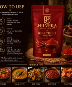Hilvera Red Chilli Powder usage infographic detailing step-by-step cooking instructions alongside dish pairings like curries, dal, stir-fries, chutneys, and marinades.