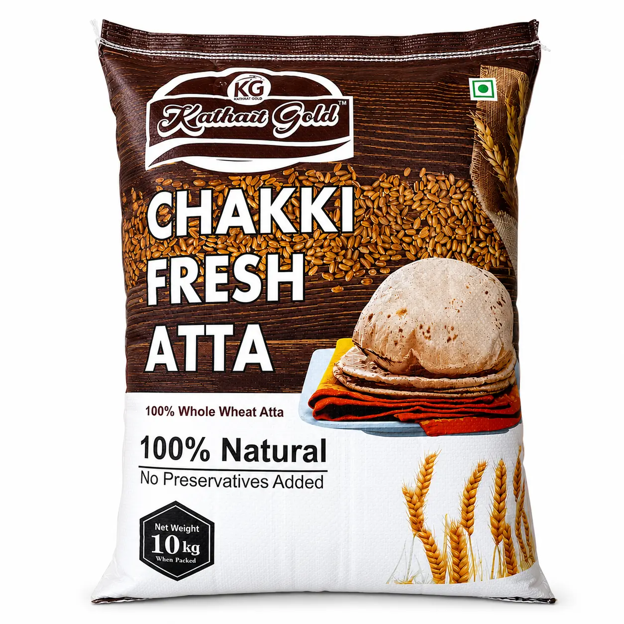 Front view of a 10 kg bag of Kathait Gold 100% natural Chakki Fresh Atta featuring whole wheat grains and puffed rotis on a plain white background.