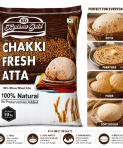 Kathait Gold 10 kg Chakki Fresh Atta bag alongside recipe ideas—rotis, parathas, puris, soft dough—and a 4-step kneading guide.