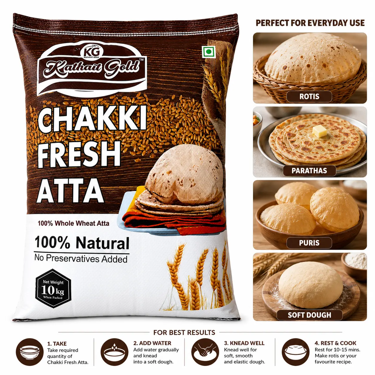 Kathait Gold 10 kg Chakki Fresh Atta bag alongside recipe ideas—rotis, parathas, puris, soft dough—and a 4-step kneading guide.