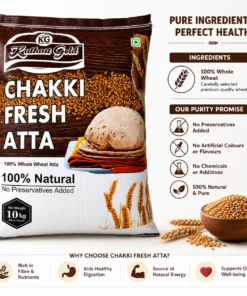 Kathait Gold 10 kg Chakki Fresh Atta bag alongside purity promises and health benefits including fibre-rich digestion and natural energy.