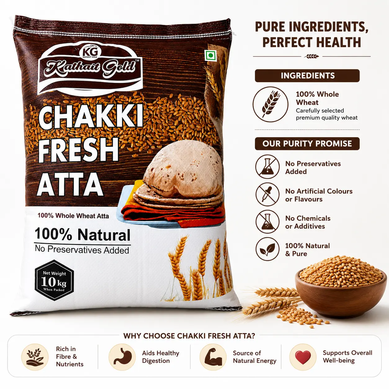 Kathait Gold 10 kg Chakki Fresh Atta bag alongside purity promises and health benefits including fibre-rich digestion and natural energy.