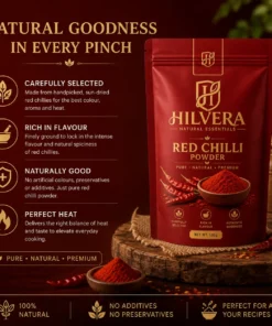 Infographic showcasing Hilvera Red Chilli Powder pouch with product highlights including carefully selected sun-dried chillies, rich flavour, and additive-free purity.