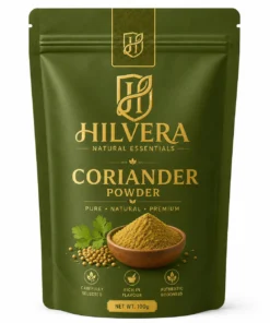 Hilvera Natural Essentials pure coriander powder 100g stand-up pouch mockup on a plain white background. Hilvera Pure Coriander Powder