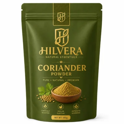 Hilvera Natural Essentials pure coriander powder 100g stand-up pouch mockup on a plain white background. Hilvera Pure Coriander Powder