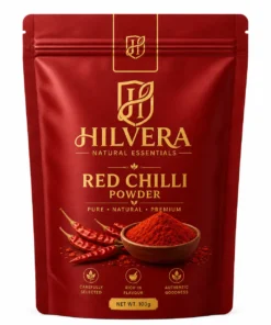 Hilvera Natural Essentials Red Chilli Powder 100g stand-up zipper pouch displayed against a plain white background. Hilvera Pure Red Chilli Powder
