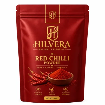 Hilvera Natural Essentials Red Chilli Powder 100g stand-up zipper pouch displayed against a plain white background. Hilvera Pure Red Chilli Powder
