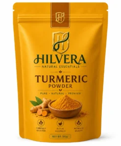 Hilvera Natural Essentials pure turmeric powder 100g stand-up zipper pouch shown on a clean white background.