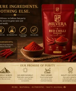 Hilvera Red Chilli Powder infographic highlighting 100% pure dried and ground chillies, zero additives, and a 4-step purity promise from farm sourcing to hygienic grinding.