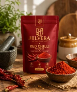 Hilvera Red Chilli Powder 100g pouch standing on a rustic wooden table next to a bowl of freshly ground lal mirch powder, dried whole red chillies, and a stone mortar and pestle.