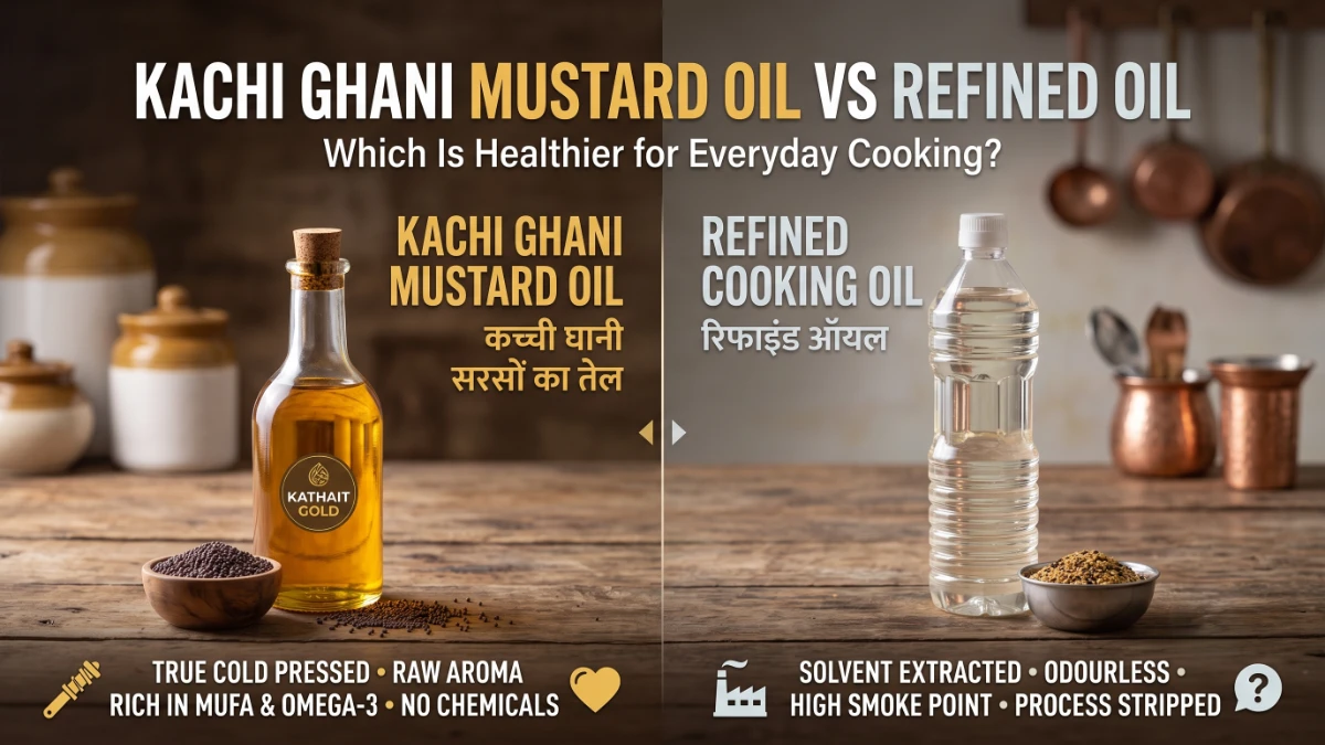 Golden Kathait Gold Kachi Ghani mustard oil bottle compared to clear refined cooking oil