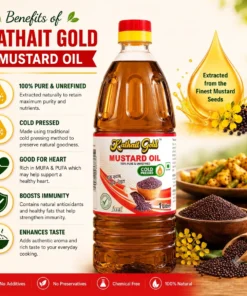 Kathait Gold 1 litre cold pressed mustard oil bottle with infographic listing benefits like heart health, immunity boost, and authentic taste.
