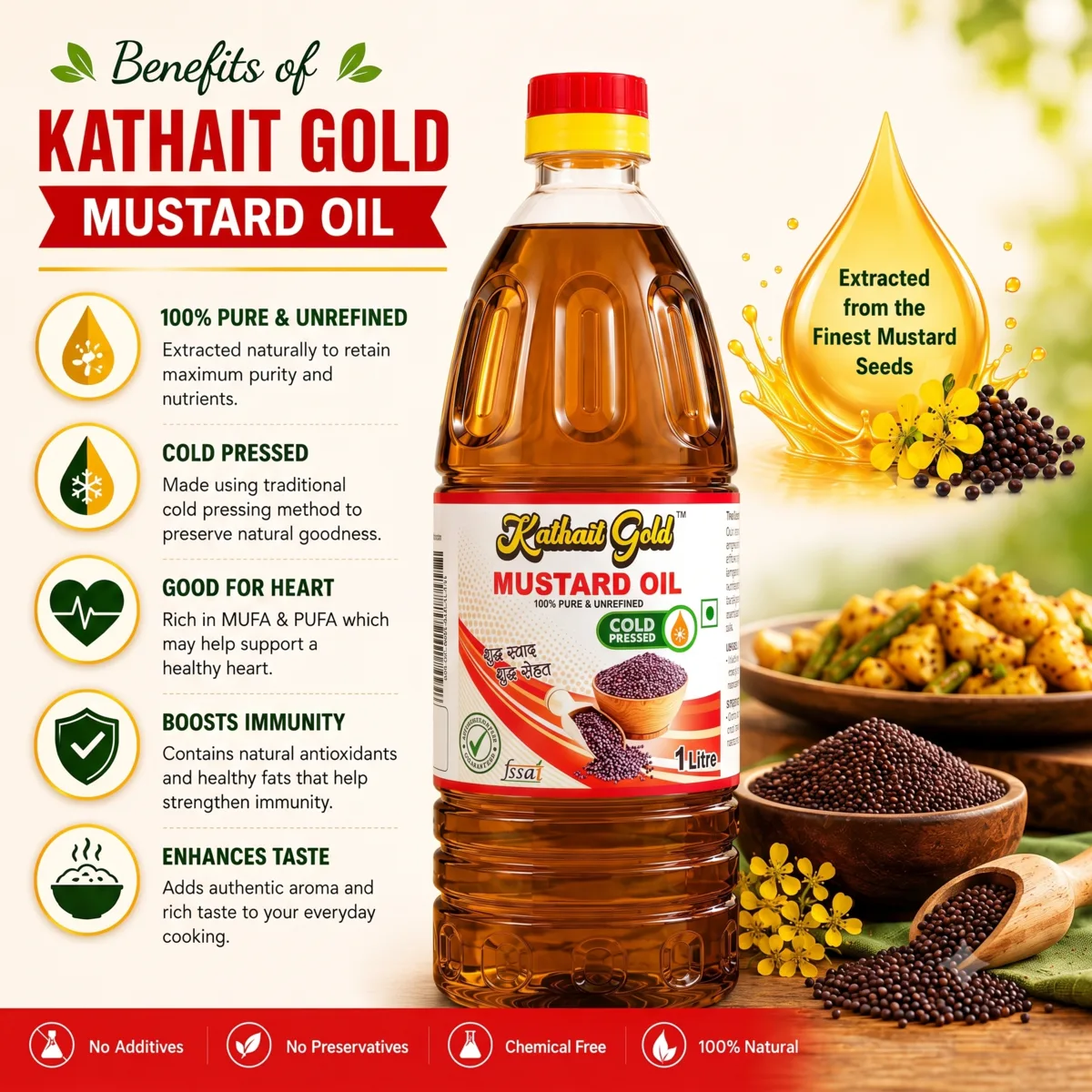 Kathait Gold 1 litre cold pressed mustard oil bottle with infographic listing benefits like heart health, immunity boost, and authentic taste.