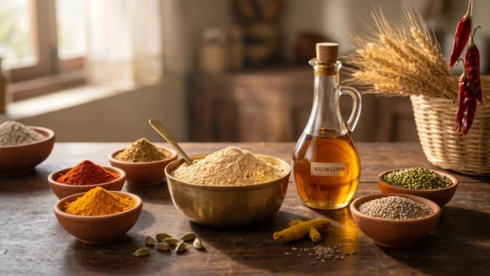 Pure Indian kitchen staples including whole wheat chakki atta, cold-pressed mustard oil, ground spices, and pulses on a wooden table