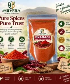 Hilvera Pure Byadgi Red Chilli Powder product features, 100% natural purity, and health benefits infographic