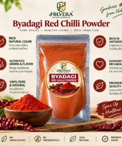 Hilvera Pure Byadgi Red Chilli Powder health benefits, rich antioxidants, and natural color infographic
