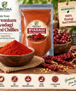 Hilvera Pure Byadgi Red Chilli Powder ingredients showing 100% whole dried Byadagi chillies and pure ground spice