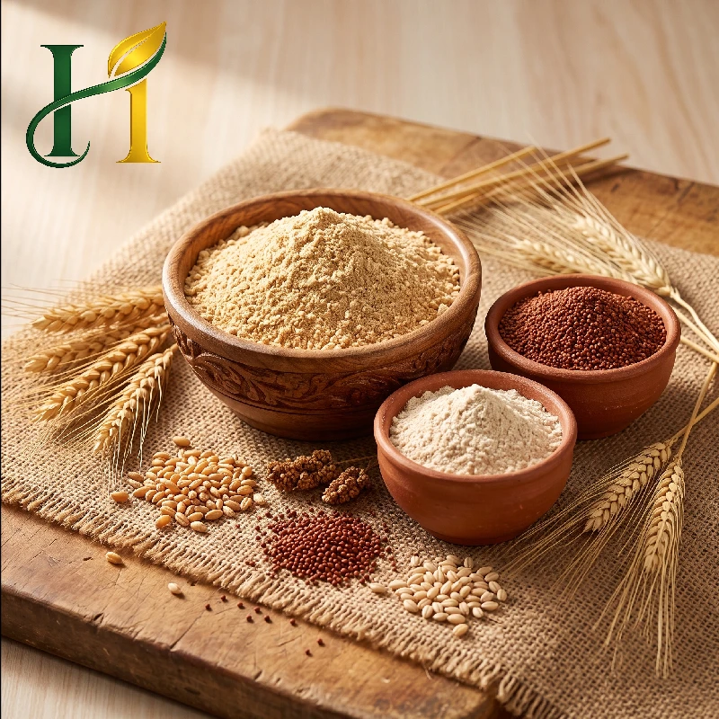 Bowls of freshly milled whole wheat chakki atta, ragi flour, and barley flour with whole grains by Hilvera, Dehradun