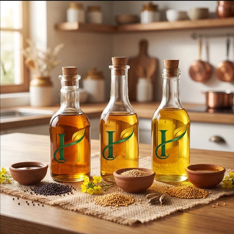 Glass bottles of pure cold-pressed Kachi Ghani mustard oil and sesame oil with raw seeds by Hilvera, Dehradun