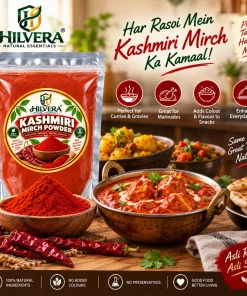 Hilvera Kashmiri Mirch Powder pouch with rich red paneer curry naan bread and ground chilli powder