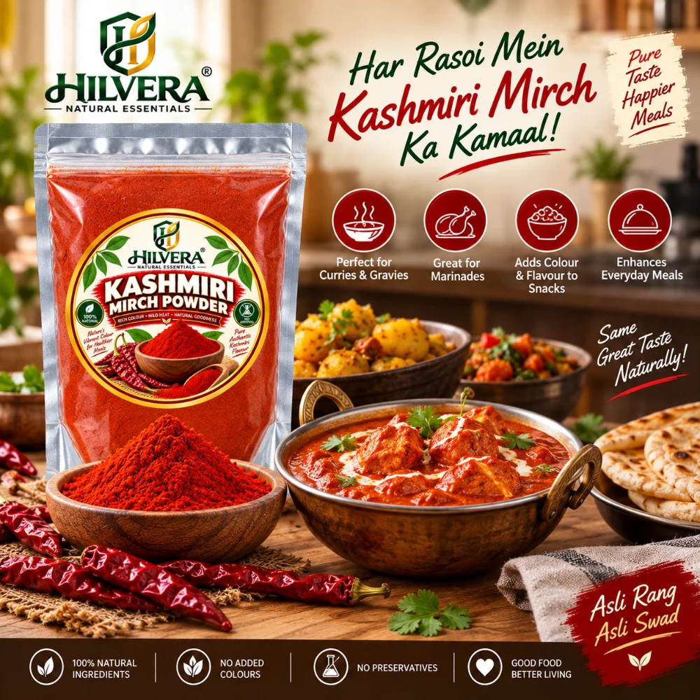 Hilvera Kashmiri Mirch Powder pouch with rich red paneer curry naan bread and ground chilli powder