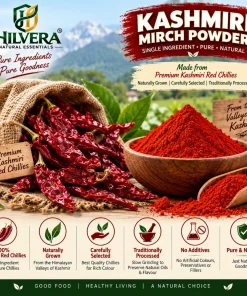 Hilvera Kashmiri Mirch Powder infographic with whole Kashmiri red chillies in burlap sack and ground red chilli powder in wooden bowl