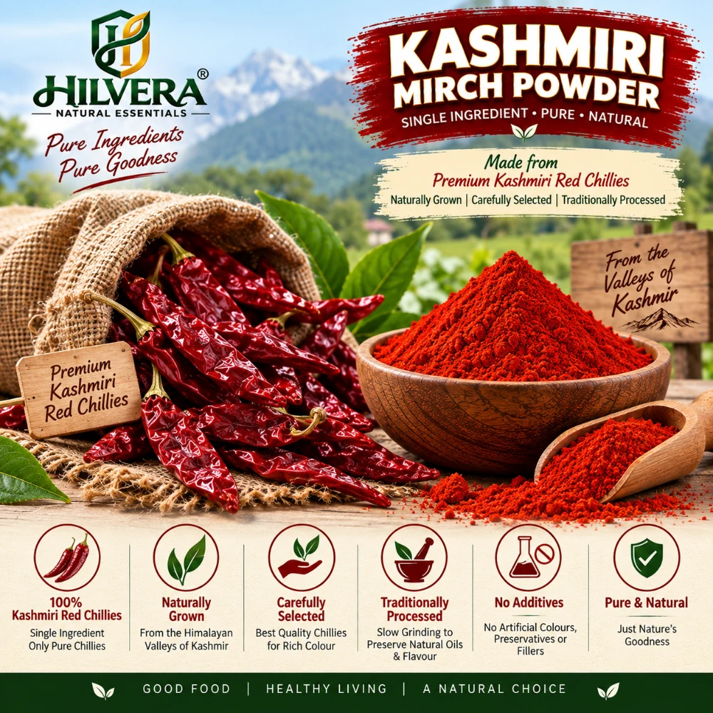 Hilvera Kashmiri Mirch Powder infographic with whole Kashmiri red chillies in burlap sack and ground red chilli powder in wooden bowl