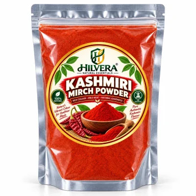 Hilvera Natural Essentials 100 percent natural Kashmiri Mirch Powder in airtight transparent zip lock pouch