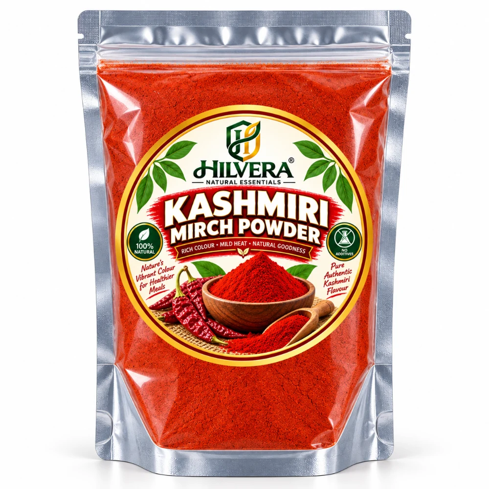 Hilvera Natural Essentials 100 percent natural Kashmiri Mirch Powder in airtight transparent zip lock pouch