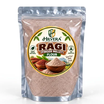 Hilvera Natural Essentials 100 percent natural Ragi finger millet flour stand up zip lock pouch packaging. Hilvera Pure Ragi Flour
