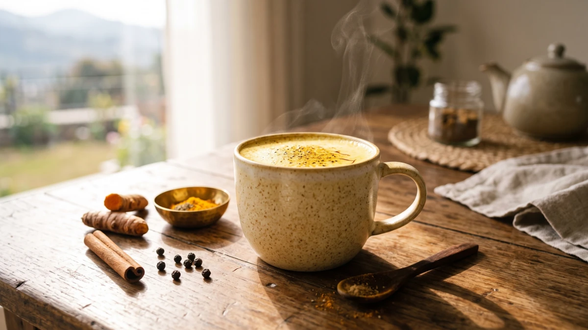 Steaming cup of golden turmeric milk made with Hilvera Pahadi haldi powder, black pepper, and cinnamon
