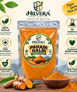 Hilvera Pahadi Haldi turmeric powder with turmeric roots and powder
