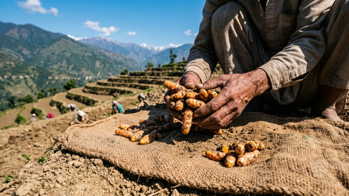 Hands of a mountain farmer holding freshly harvested raw Pahadi turmeric rhizomes in the terraced hills of Uttarakhand
