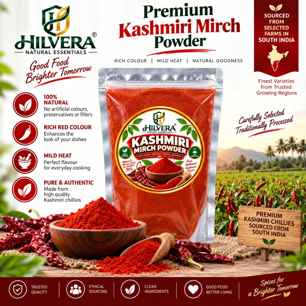 Hilvera Premium Kashmiri Mirch Powder transparent pouch with whole red chillies and ground chilli bowl sourced from South India