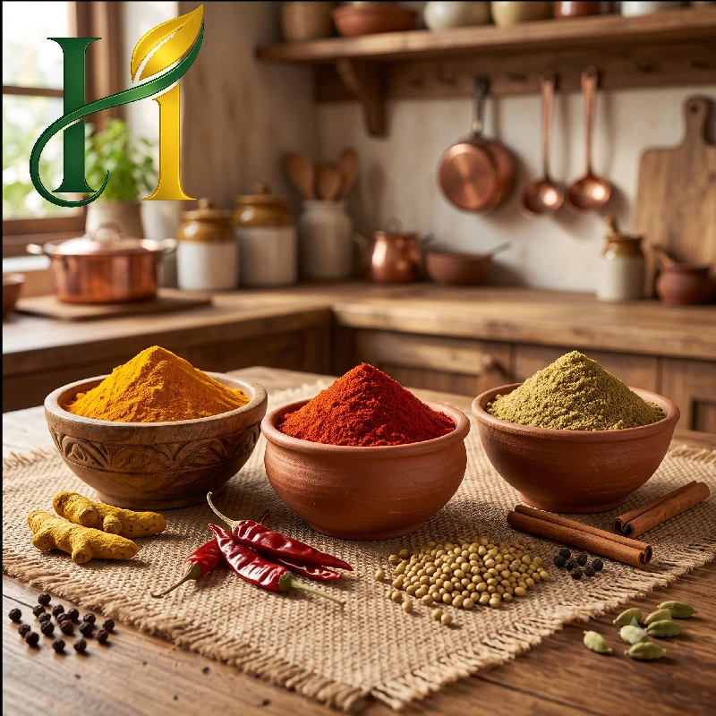 Hilvera pure ground spices including turmeric haldi, red chilli lal mirch, and coriander dhaniya powder in clay bowls