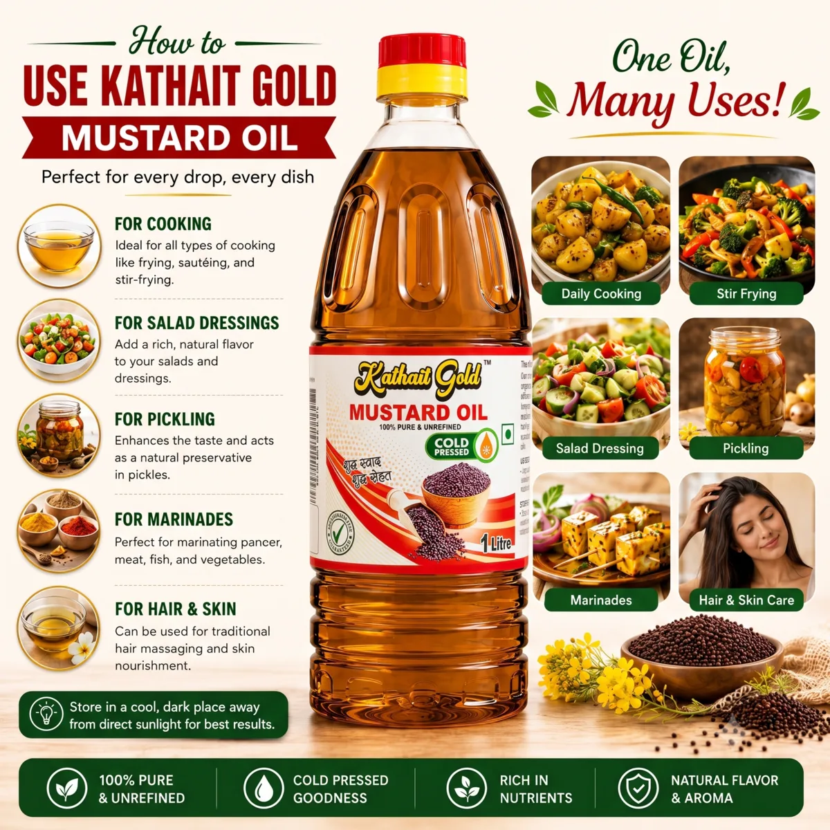 Kathait Gold 1 litre cold pressed mustard oil bottle beside an infographic illustrating uses for daily cooking, stir frying, salads, pickles, marinades, and hair and skin care.