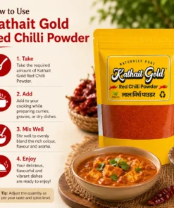 Infographic showing how to use Kathait Gold Red Chilli Powder in 4 steps for cooking spicy curries and gravies