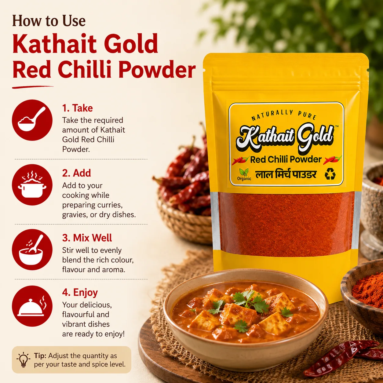 Infographic showing how to use Kathait Gold Red Chilli Powder in 4 steps for cooking spicy curries and gravies