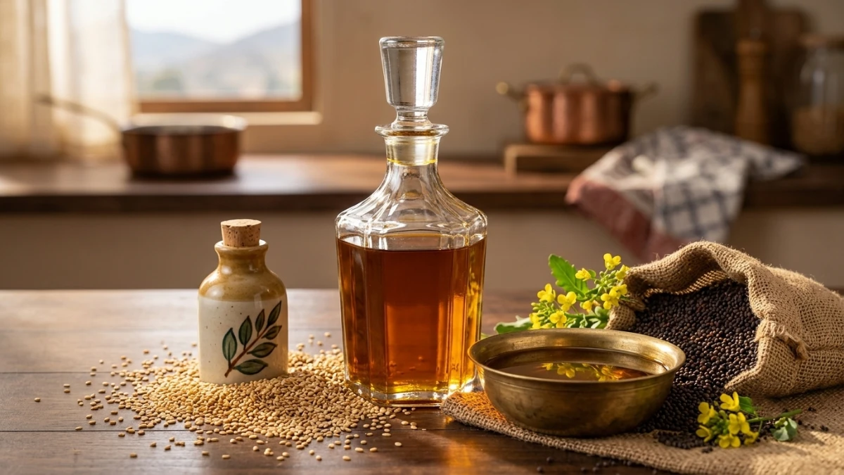 Cold-pressed Kachi Ghani mustard oil in a glass decanter with whole black mustard seeds in a rustic Indian kitchen