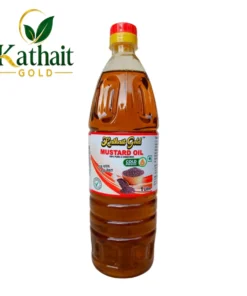 Kathait Gold 1 litre transparent plastic bottle of cold pressed mustard oil with red cap on a plain white background. Cold Pressed Rajasthan Rayda Black Mustard Oil