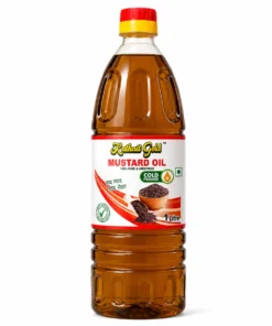 Kathait Gold 100% pure and unrefined cold pressed mustard oil 1 litre bottle packaging on white background. Kathait Gold Cold Pressed Black Mustard Oil