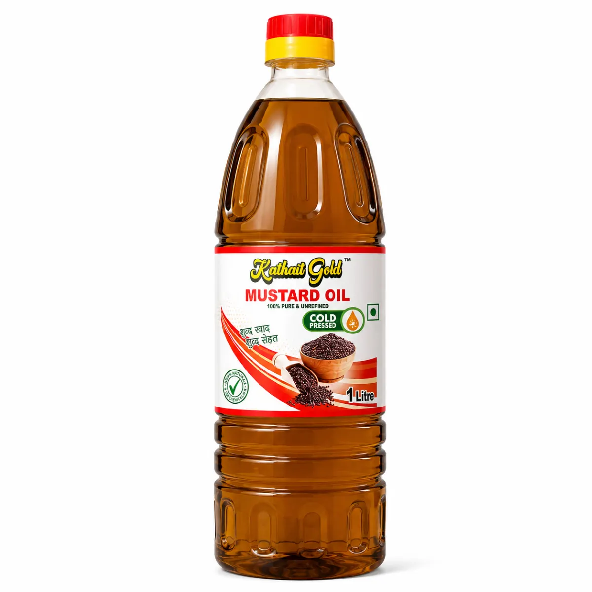 Kathait Gold 100% pure and unrefined cold pressed mustard oil 1 litre bottle packaging on white background. Kathait Gold Cold Pressed Black Mustard Oil