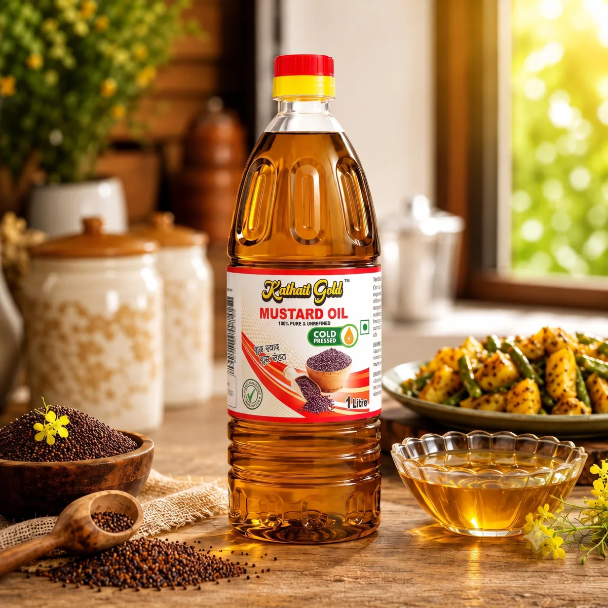 Kathait Gold 1 litre cold pressed mustard oil bottle on a wooden kitchen table with cooked sabzi, mustard seeds, and oil in a glass bowl.