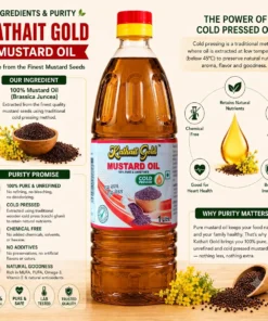 Kathait Gold 1 litre cold pressed mustard oil bottle next to raw seeds, detailing 100% Brassica Juncea ingredients and chemical-free cold pressing below 45°C.