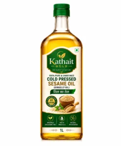 Kathait Gold cold pressed sesame oil in a 1 litre bottle with sesame seeds and a green cap