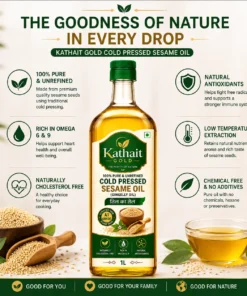 Kathait Gold cold pressed sesame oil bottle with sesame seeds and an infographic highlighting purity, omega 6 and 9, antioxidants and traditional cold pressing